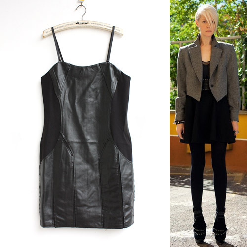 Free shipping high quality .fashion spaghetti strap leather dress & casual dress