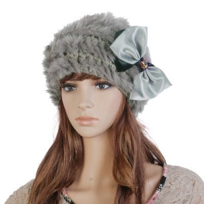 free shipping high quality handmade bow rabbit fur grey hat
