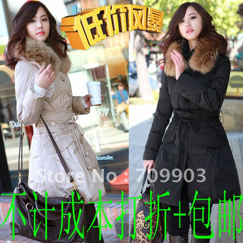 Free shipping High Quality Holiday Sale Dot  Large Fur Collar Slim Medium-long Outerwear Down Coat Winter Women