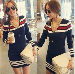 Free Shipping!High quality!hot sale casual V neck long sleeve blue stripe tunic sweater dresses women sweaters