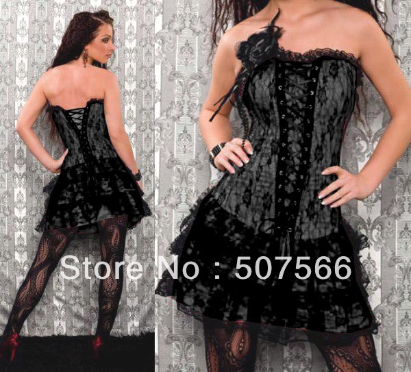 Free Shipping High Quality Hot Selling 2176 Black Color Satin/Sex Bustier/Sexy Corset And G String/Lingerie Size S-XL