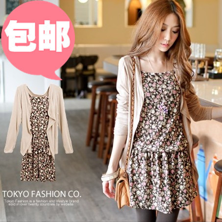 Free shipping high quality Korean Slim long-sleeved cardigan + Floral Dress two-piece dress women