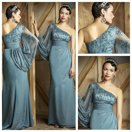 Free Shipping High Quality One Shoulder Evening Dress Long Sleeve 2012