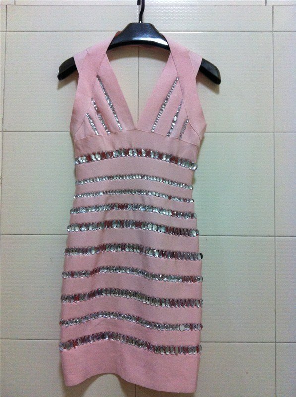 Free Shipping High Quality Rayon Knitted Bandage Dress, J100 Beaded Pink Ladies Sleeveless Celebrity Dress