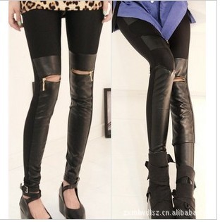 Free shipping High quality Sexy   cotton and leather splicing Zipper jeggings / Tights/ Pants