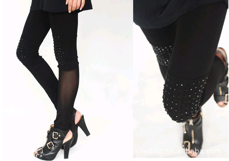 Free shipping High quality Sexy  Imitation leather modal cotton rivet net yarn jeggings / Tights/ Pants