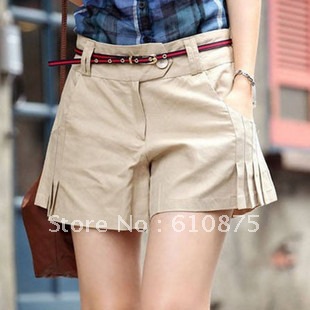 Free shipping high quality summer women's shorts ruched skorts solid color women's cotton shorts plus size