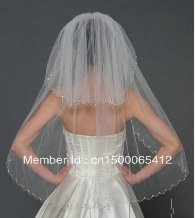 Free Shipping High Quality Two-layer Corded Edge Hip Length Wedding Veil