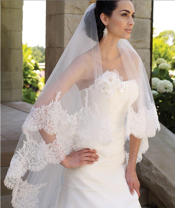Free Shipping High Quality Two Layered Lace Edge  Wedding Veils