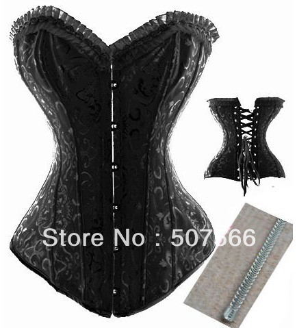 Free Shipping High Quality  White/Black Steel Boned Gorgeous Gothic Sexy Bustier/Corset /Sexy Lingerie +G String./Size S-XXL