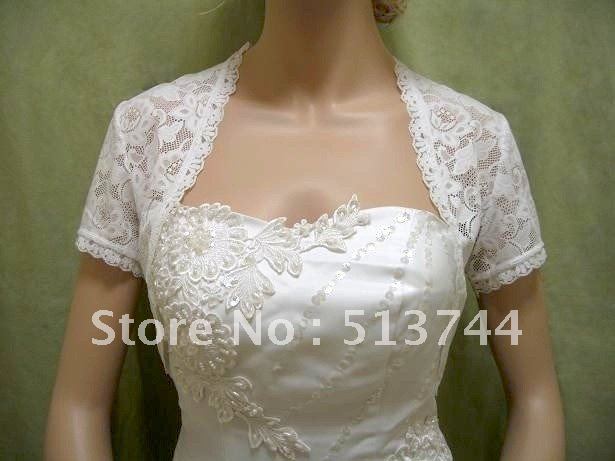 free shipping  High Quality White short sleeve bridal lace wedding bolero jacket