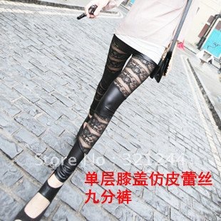 Free shipping/ High quality women's lace faux leather horizontal stripe patchwork ankle length legging pantyhose/ J-WDDK005