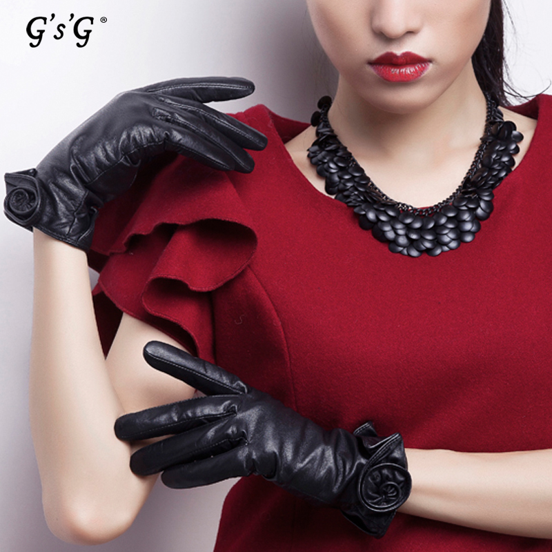 Free Shipping High quality  Women's Sheepskin Genuine leather Gloves Thermal Short design