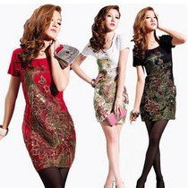 Free shipping High quality women short-sleeve phenix embroidery one-piece dress Lady fashion slim sheath dresses