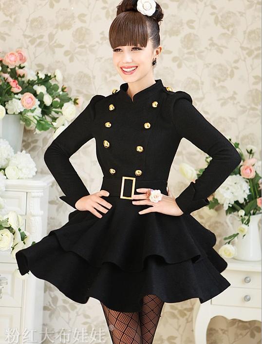 FREE SHIPPING  Hitz Black Leather Double Gold Buckle small collar waist big woolen dress 452-985