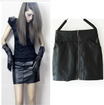 Free Shipping Hm 2013 Women Black zipper Pocket Sexy PU Leather Short Skirt Slim Brand Design Pencil Skirt