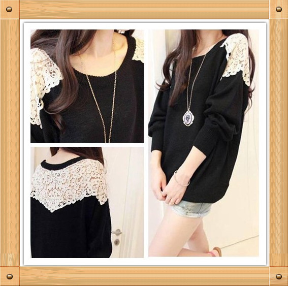 Free shipping Holiday Sale Women's Lace Beige Retro Floral Knit Top Long Sleeve Shirt Waistcoat Pullover