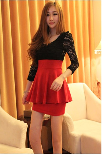 Free shipping Hot  2012 new fashion ladies sexy cotton lace dress, Elegnat Lace patchwork ladies print dresses /black and red