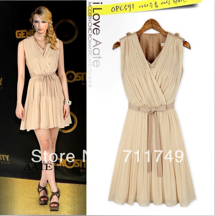 Free Shipping Hot 2013 Western Fashion Elegant Pleated Skirt V Neck Sexy Ball Gown Taylor Swift Korean Style Dress 2 Color