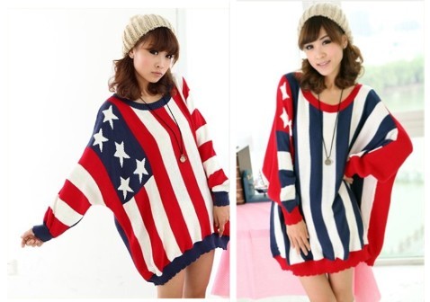free shipping hot  american flag sweater female medium-long bat style o-neck stripe knitted sweater for women