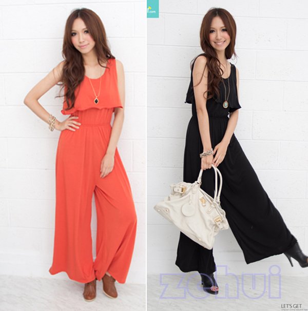 Free Shipping Hot Fashion Slim U Collar Sleeveless Lotus Jumpsuit Loose Long Overalls 3 Colors HR261