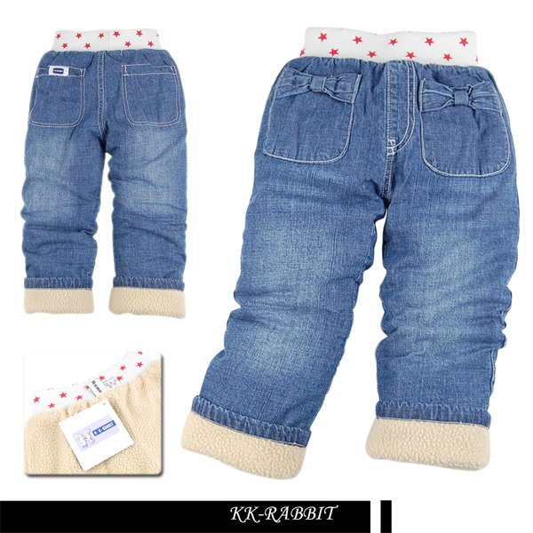 FREE shipping,HOT KK RABBIT design Children Thermal fleece double layers jeans,Thickning baby jeans pants