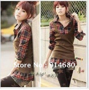 Free shipping  Hot Korean Tide brand casual cotton grid fake two-piece shirt collar T-shirt  two colors free size