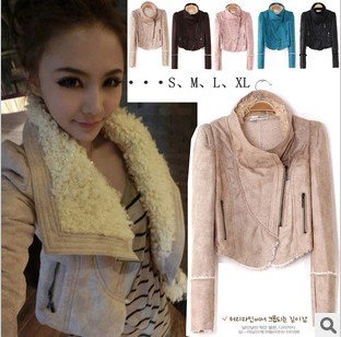 Free shipping Hot leather shrug big turndown wool fur clothing Woman long sleeve short jacket leather rivet PU