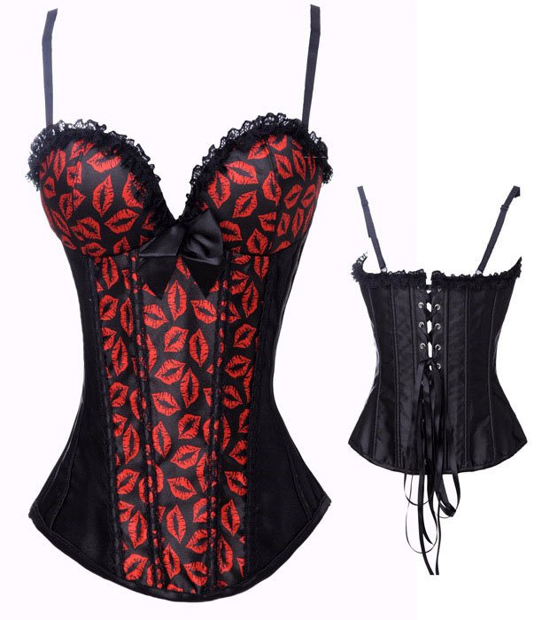 Free Shipping! Hot Lips print  Burlesque Corset Sexy Lingerie in Satin Wholesale