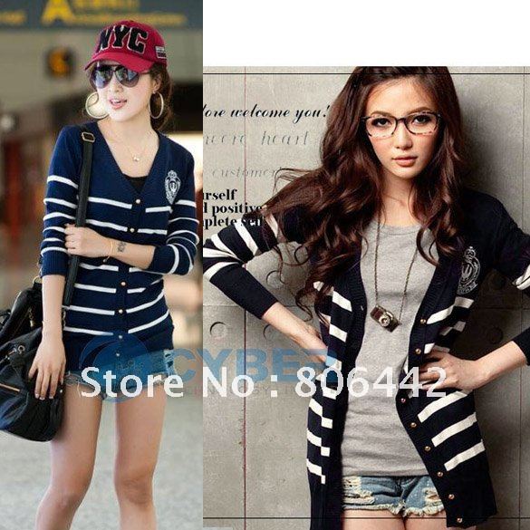 Free Shipping Hot New Korean Women's Casual OL Style badge Stripes Cardigan Knit Jacket Coat