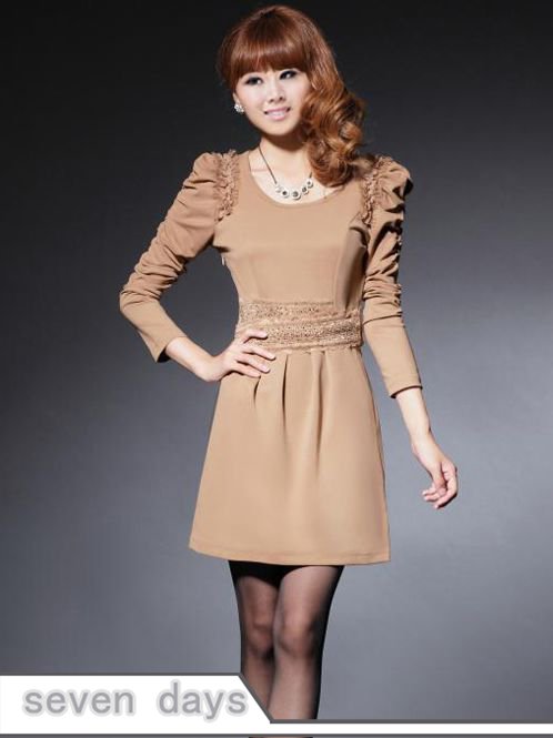 Free Shipping Hot New O-neck Pure Color Fashion Ruched Shoulder  Puff Long Sleeve Dress SL082028KA