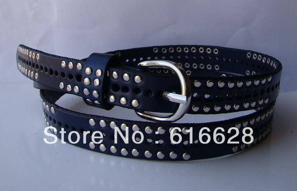 Free shipping hot sale 0.7'' women's 100% real leather studded belts with siver buckle - wholesale/retail