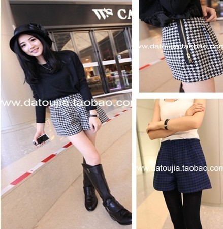 Free shipping hot sale 2012 new arrival autumn winter women fashion side zipper plaid high waist shorts casual pants lady s1172