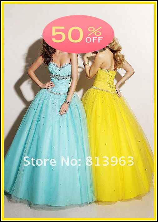 Free Shipping Hot Sale 2013 A-Line Sweetheart Floor Length Tulle Beaded Sequins Yellow And Blue Long Prom Evening Dresses