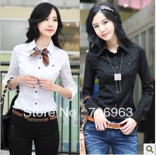 Free shipping!Hot sale! 2013 women Korean fashion long-sleeved Shirt OL cotton blouses black and white S&M&L&XL&XXL,&G6068