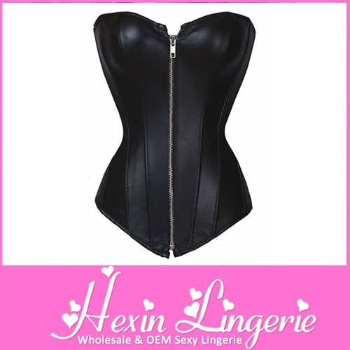 Free Shipping Hot Sale Black Leather Corset Sexy Lingeire Zipper Front with Thong LB1166A