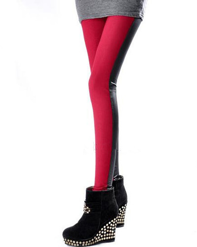 Free Shipping Hot Sale ColorBlock Footless Tights Faux Leather Panel Leggings Women's Pencil Pants