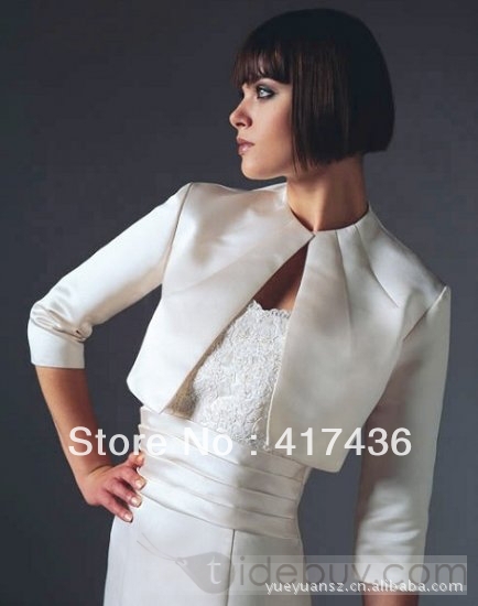 Free Shipping hot sale custom made satin wedding wraps 3 4 sleeve o neck fashion party prom bridal jackets beige shawls cape