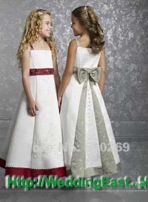 Free Shipping Hot-sale Custom-made Spaghetti Straps Satin with a Bow Back  Flower Girl Dress