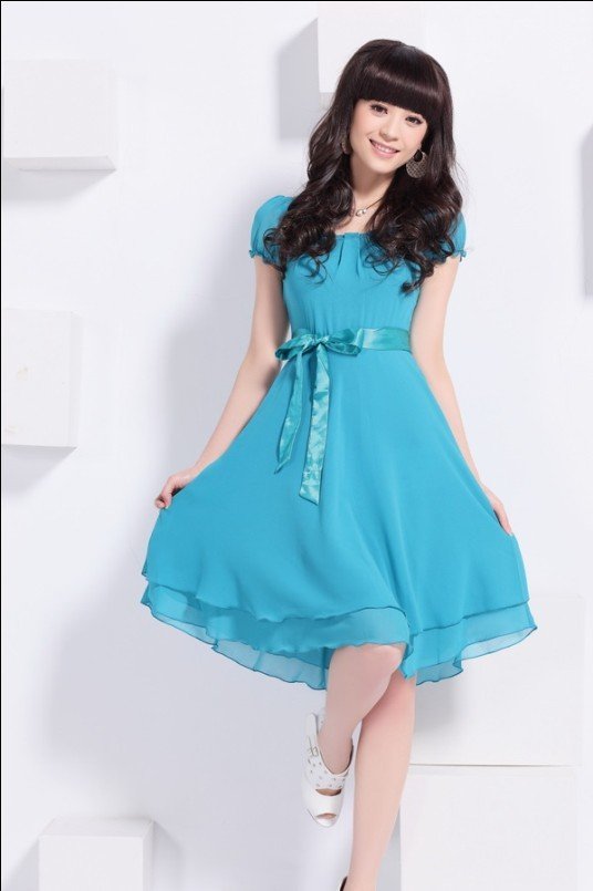 Free Shipping Hot Sale Cute Lady Knee-Length Round Neck Chiffon Dress With Bowtie Belt  Wholesale And Retail
