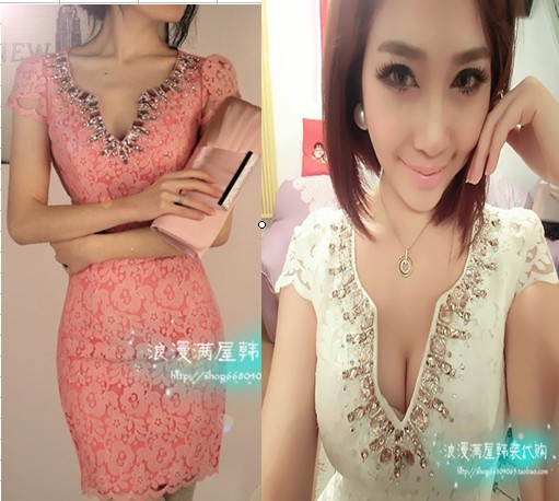 Free Shipping Hot Sale!!! Elegant Deep V Collar Workhand Beads Decorated Lace Short Sleeve Slim Dress