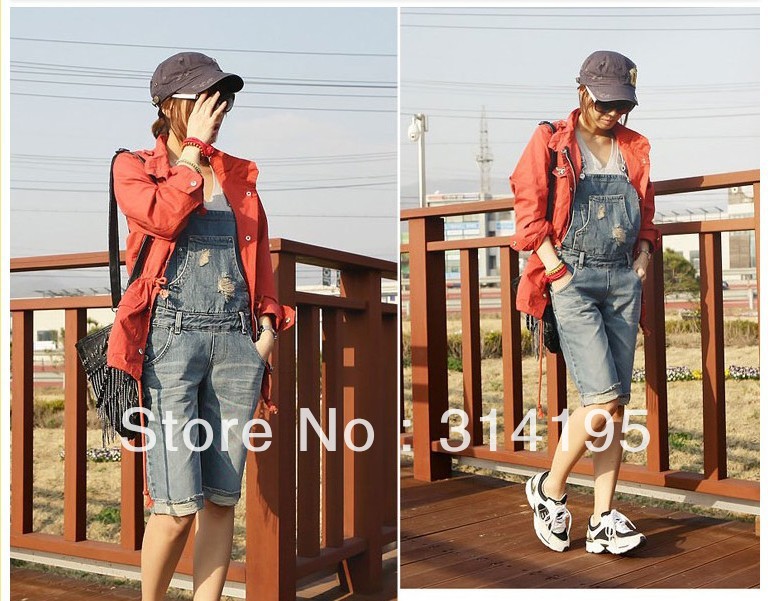 Free shipping Hot sale Fashion 2013 summer professional distrressed water wash denim bib pants capris myyh 9879