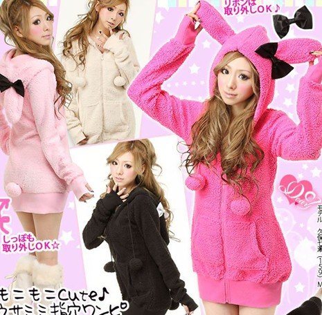 Free Shipping Hot Sale Fashion Lovely Rabbit Ear Hooded Long Woolen Coat