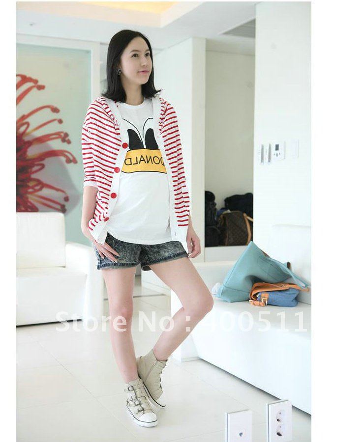 Free Shipping Hot Sale Fashion Three Quarter Sleeves Cardigan Coat for Pregnant Women, Stripes with Hood