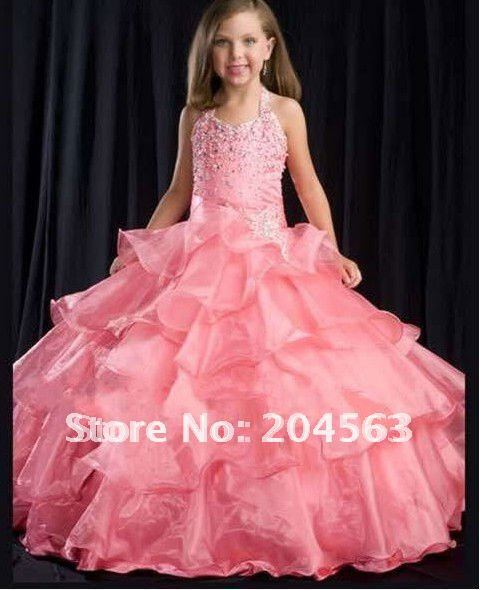 Free Shipping Hot Sale Halter Beaded Flower Girl Dress Custom-size/color