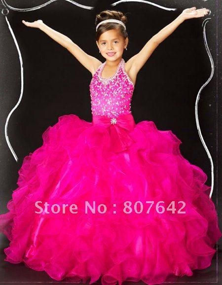Free shipping Hot Sale Halter Beaded Flower Girl Dress  girls' gown Custom-size/color wholesale/retail Sky698
