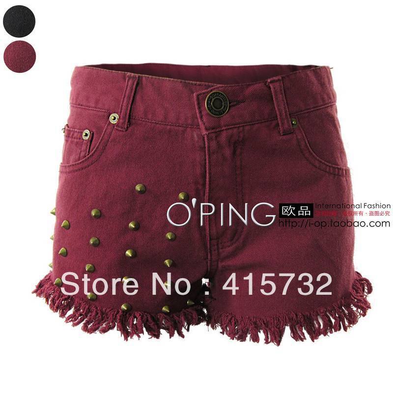 Free Shipping Hot Sale High Quality 2013 New Fashion Punk Rivet Women Short Pans With Tassel And Pocket Ladies' Red Women Shorts