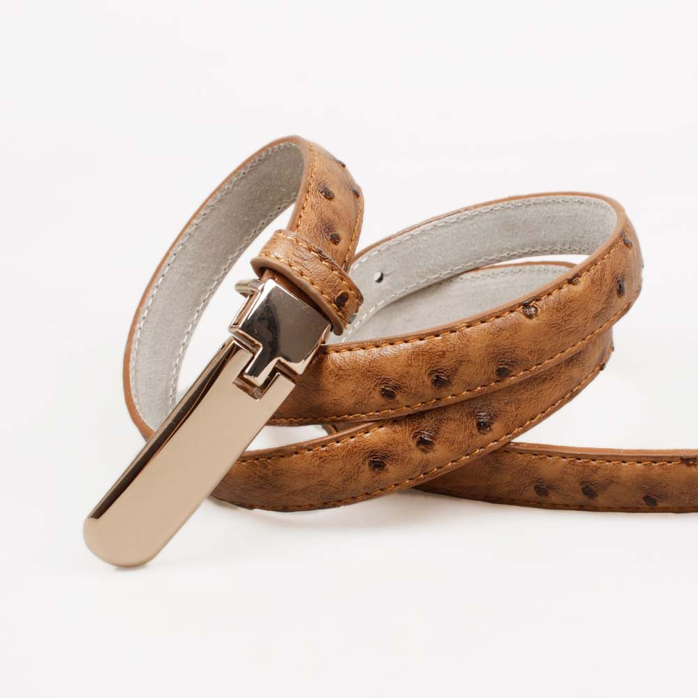 Free shipping Hot-sale imported high-quality Ladies Gold Toned Buckle Ostrich Skin Embossed Genuine Leather Skinny Belts BT-A164