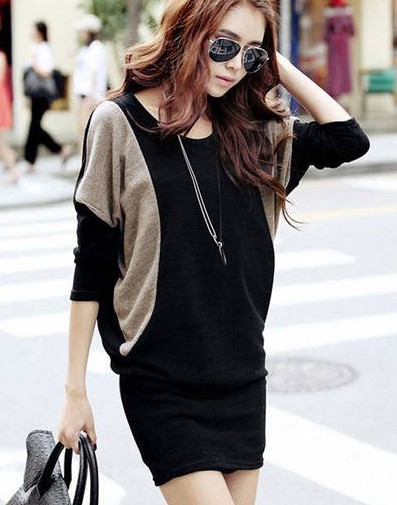 free shipping,hot sale koreaan batwing sleeve plus size loose o-neck slim over hip patchwork black one-piece dress WYL9289