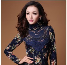 free shipping!hot sale korean style autumn & winter women's lace turtleneck slim long-sleeve plus velvet basic shirts WYL6176